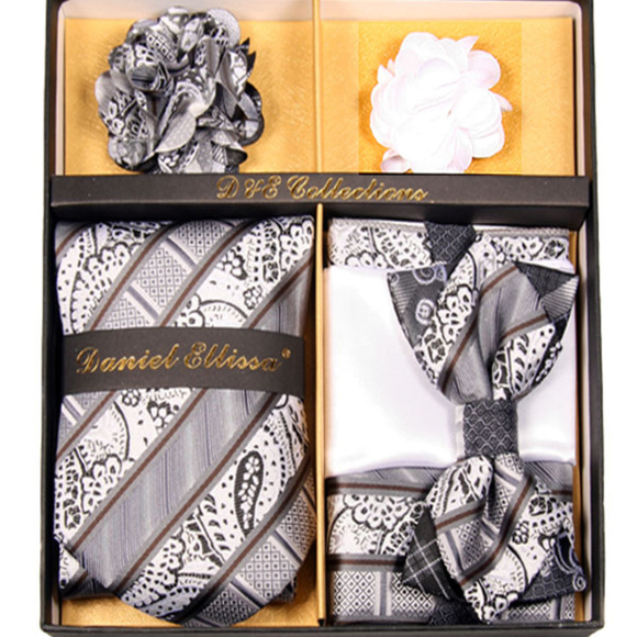 6 Piece White Silver Stripe Necktie & Bow Tie Set